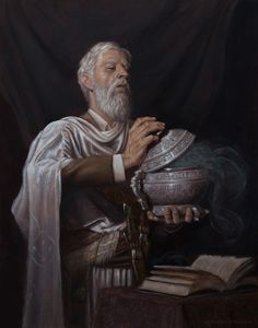 a painting of an old man holding a bowl and looking at the book he is holding