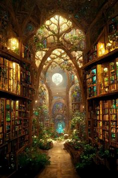 an image of a library with lots of books on shelves and plants growing in it