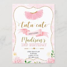 a pink and gold birthday party card with flowers on the front, featuring a tutule