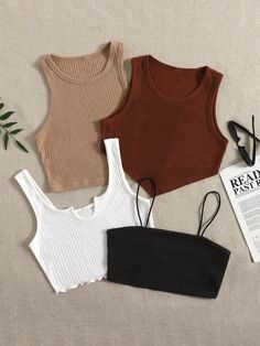 4pcs Solid Ribbed Knit Crop Top Multicolor Casual   Fabric Plain Tank Slight Stretch Summer Women Clothing, size features are:Bust: ,Length: ,Sleeve Length: Cute Outfits With Shorts, Look Legging, Cute Nike Outfits, Colorful Crop Tops, Women Tank Tops, Cropped Tops, Cute Simple Outfits, Knit Crop Top, Casual Tank Tops