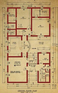 the first floor plan for an old house with red trimmings and blueprinting