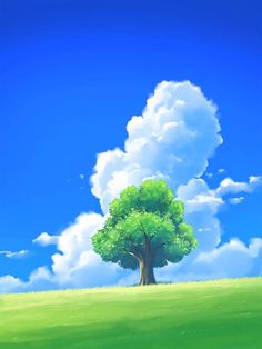 a tree in the middle of a green field with clouds above it and blue sky