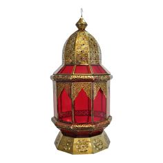 a red and gold lantern on a white background