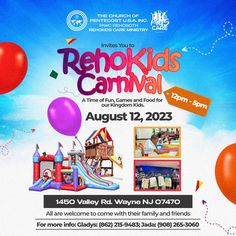 an advertisement for the rehokids carnival with balloons and toys in the sky