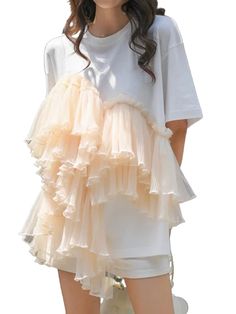 White big beige ruffle T - shirt - Wapas Apricot Clothing, Ruffle T Shirt, Patchwork Shorts, Short Sleeve Pullover, Wide Pants, Mesh Panel, Dress With Boots, Casual T Shirts, Tshirt Colors