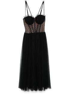 black tulle overlay concealed rear zip fastening bustier-style neckline logo charm adjustable spaghetti straps boned bodice underwire cup monogram embroidery at the top pleated skirt full lining flared hem mid-length