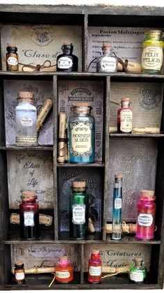 an old wooden box filled with lots of bottles