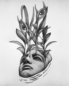 a pencil drawing of a human head with plants growing out of it's face