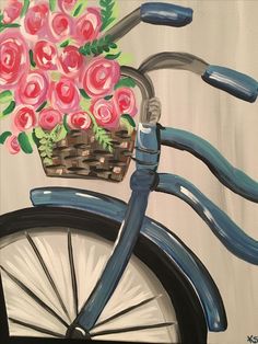 a painting of a bicycle with flowers in the basket