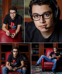 a man wearing headphones sitting in a red chair with his hands on his hips