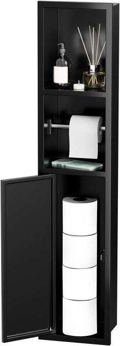 an open cabinet with toilet paper and other items