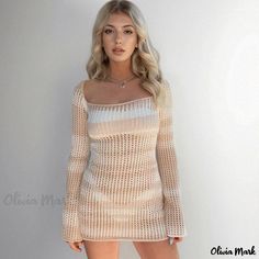 Olivia Mark - Striped Color Block Beach Dress with Sexy Hollow Out Design and Long Sleeves Wrap Around Skirt, U Neck, Types Of Skirts, Collar Dress, Beach Dress, Olivia Mark, Types Of Collars, Apricot, Color Block