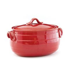 a red casserole with handles on a white background