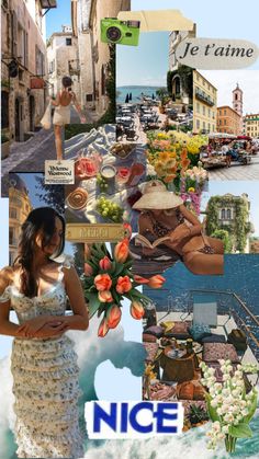 a collage of photos with the words nice written in french and pictures of people