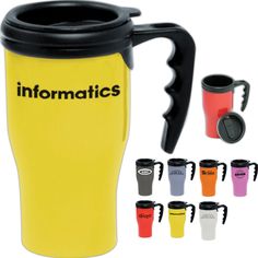 a yellow travel mug with black handle and matching colored cups in different colors, including the words informaticss