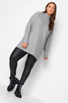 YOURS Plus Size Grey High Neck Knitted Jumper Long Jumper Outfit, Grey Jumper Outfit, Plain Jumper, Long Jumpers, Jumper Outfit, Grey Jumper, Glad Rags, Plus Swimwear