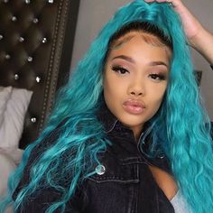 Peruvian Hair Blue Color With Dark Root Lace Front Wig – Prosp Hair Shop Hair Colorful, Blond Amsterdam, Green Wig, Blonde With Pink, Blue Wig, U Part Wig, Hair Color Shades, Hair Color For Women, Dark Roots