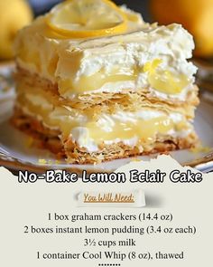 no - bake lemon eclair cake recipe on a plate