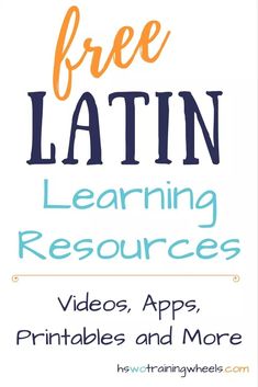 the text free latin learning resources is shown in blue, orange and yellow with an image of