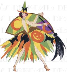 an image of a woman dressed as a witch with bats and pumpkins on her back