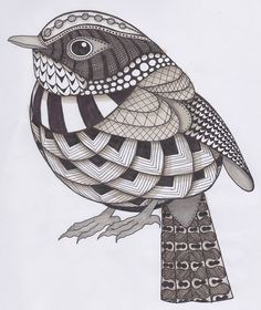 a black and white drawing of a bird on a branch