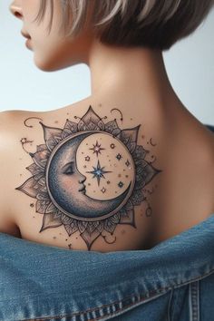 a woman with a tattoo on her shoulder and the moon in the sky above it