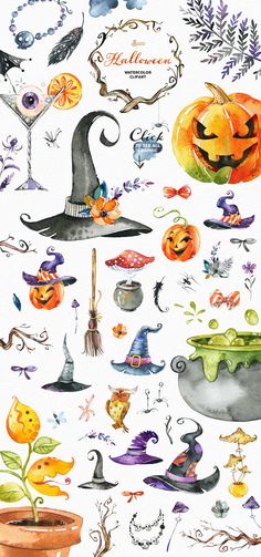 watercolor halloween clipart set with pumpkins, witches hats and other items on white paper