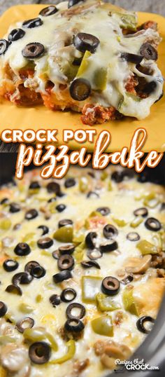 a close up of a pizza with olives on it and the words crock pot pizza