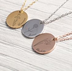 These beautiful necklaces are personalised with a birth flower and name making a wonderful gift for Bridesmaids, birthdays, Christmas Present, Valentine's Day, Mother's Day or christening gift. They are dispatched with a free jewellery box. The necklace is adjustable in length to 5 different sizes between 42cm and 50cm. All 12 birth flowers are shown in the images above so you are able to chose the relevant one. There is also an image to show the font style for the letters. The sizes of the pendants are 1.2cm in diameter ** How to order **  - Choose the necklace colour you would like to order  - Choose the birth flower you would like  - In the personalisation box, leave the details of the name to engrave We aim to dispatch orders within 3 working days. The orders are sent first class via R Personalized Tie Clip, Gift For Bridesmaids, Personalised Necklace, Personalized Tie, Steel Gifts, Wedding Ties, Costume Jewelry Necklaces, Valentine's Gift, Christening Gifts