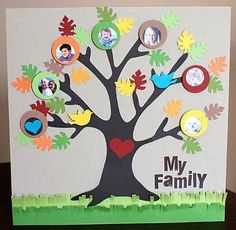 a family tree card with the words my family surrounded by pictures of people and leaves