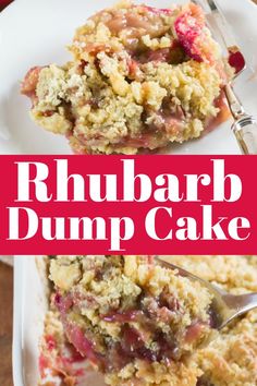 rhubarb dump cake on a white plate with a fork and red text overlay