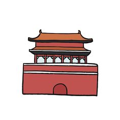 a drawing of a building with a red roof