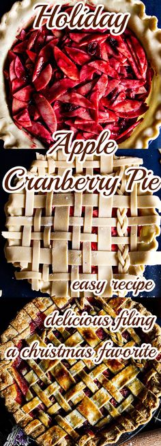 four different pies with the words holiday and apple cranberry pie