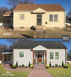 before and after pictures of a small white house with brick walkway leading to the front door