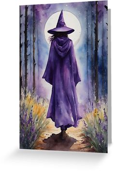 a watercolor painting of a woman in a purple cloak and hat walking through the woods