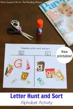 the letter hunt and sort worksheet is on top of a table with scissors