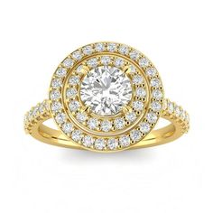 a yellow gold engagement ring with an oval halo setting surrounded by round brilliant cut diamonds