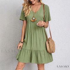 Lasaky - Loose-Fit Casual Short-Sleeve Dress with Waist Tie A-line Dresses, Mini Dress Summer Casual, Bohemian Dresses, Casual Tie, Dress Cake, Dress Chiffon, Mini Robes, Ruffle Mini Dress, Short Sleeve Mini Dress