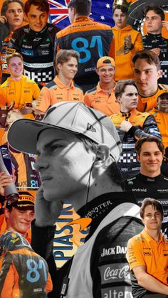 a collage of the australian drivers and their team members in black and white, with an orange background