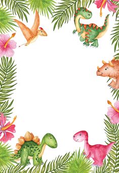 watercolor dinosaurs and tropical leaves frame