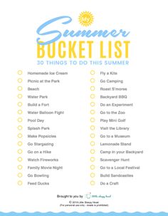 the summer bucket list is shown in blue and yellow