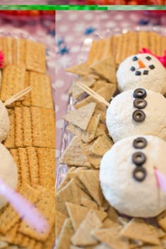 three snowmen made out of crackers sitting on top of a table