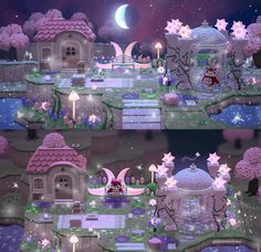 two images of a fairy land with stars and moon in the sky, one is pink