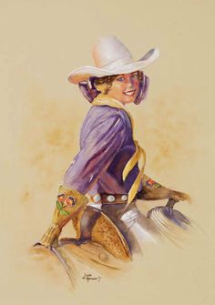 a watercolor painting of a woman in a cowboy outfit riding a horse with her hat on