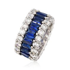 Ross-Simons - 6.00ct t. w. Simulated Sapphire, 4.00ct t. w. Cubic Zirconia Eternity Band Ring Size 5. Get luxurious shine on a dime! This eternity band has all-around sparkle and color with 6.00 ct. t. w. simulated sapphire baguettes and 4.00 ct. t. w. of round brilliant-cut CZs. Set in sterling silver. CZ and simulated sapphire ring. CZ weights are diamond equivalents. Sapphire birthstones are the perfect gift for September birthdays. Emerald Eternity Band, Sapphire Eternity Band, Sapphire Eternity Ring, Sapphire Birthstone, Pearl Strands Necklace, Engagement Ring Prices, Mixed Metal Jewelry, Circle Pendant Necklace, Eternity Band Ring