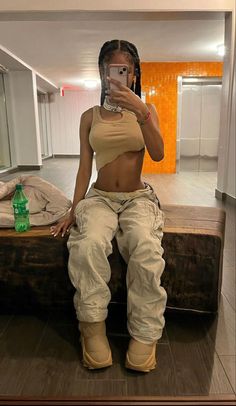 Apricot Cargo Pants Outfit, All Tan Outfits For Women, 2024 Y2k Fits, Pink Leggings Outfit Black Women, Tan Shirt Outfit Black Women, Instagram Outfit Ideas Baddie, Spring Fits Black Women, Baggy Feminine Outfits, Summer Outfits Black Woman Baddie