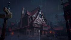 a creepy house in the middle of a dark city