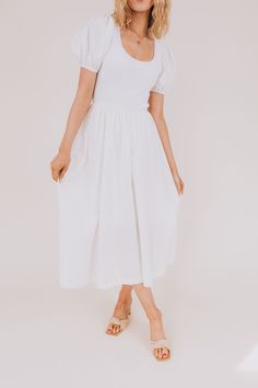 Get ready to rock with this playful Puffy Sleeves Dress! Featuring a stretchy, ribbed bodice and a scooped neckline, this dress will make you stand out in the crowd. And let's not forget about the puffy sleeves - they're perfect for adding a touch of fun and flair to your outfit. In classic white, this dress is a must-have for any quirky, lighthearted fashionista. Details Scooped neckline Stretchy, ribbed bodice Puffy sleeves White Sizing Approximate measurements: SIZE LENGTH BUST Small 51” 22” Puffy Sleeves Dress, Grad Pics, Scooped Neckline, Sleeves Dress, Fancy Pants, Puffy Sleeves, Classic White, Scoop Neckline, Classic Looks