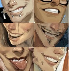 four different images of smiling people with their mouths open and one has his nose pierced