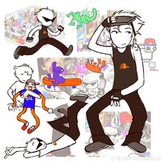 an image of a cartoon character doing different things on his head and body with other characters in the background